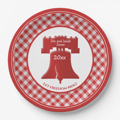 Red Navy Blue Gingham Liberty Bell Let Freedom Rin Paper Plates