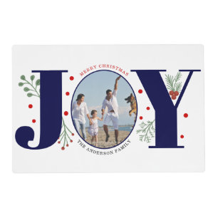 Red, navy blue Joy berries Christmas holiday photo Placemat