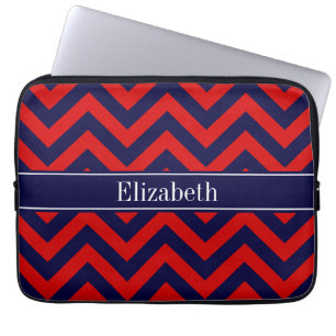 Red, Navy Blue LG Chevron Navy Blue Name Monogram Laptop Sleeve