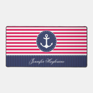Red Navy Blue Nautical Anchor Design Custom Name Desk Mat