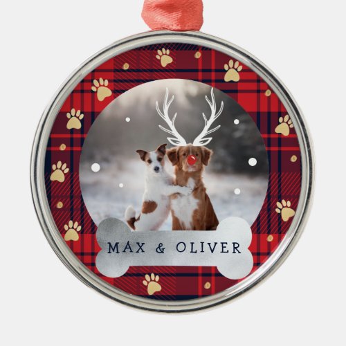 Red  Navy Blue Plaid  Gold Paw Print Pet Photo Metal Ornament