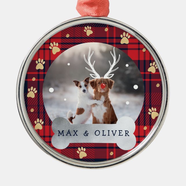 Red & Navy Blue Plaid & Gold Paw Print Pet Photo Metal Ornament (Front)