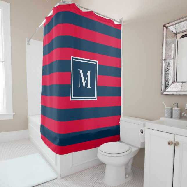 Red Navy Blue Rugby Stripes Monogram Bathroom Shower Curtain (In Situ)