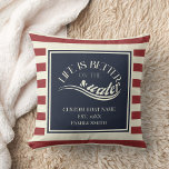 Red navy blue striped boat name  throw pillow<br><div class="desc">Pillow for boat owners or water sport lovers featuring the motto "Life is better on the water." as well as a customizable text for family / boat name and more. Perfect for all boat owners, water sports aficionados, people who spend vacation on the water, whether it's a fun hobby, a...</div>