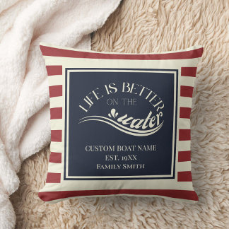 Red navy blue striped boat name throw pillow