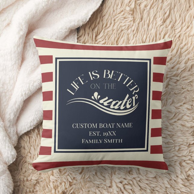 Red navy blue striped boat name  throw pillow (Creator Uploaded)