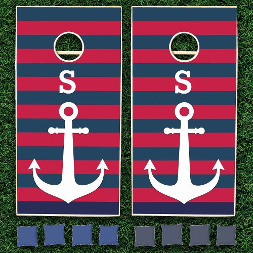 Red Navy Blue Striped Monogram Anchor Nautical Cornhole Set