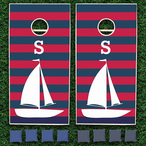 Red Navy Blue Striped Monogram Boat Nautical Cornhole Set