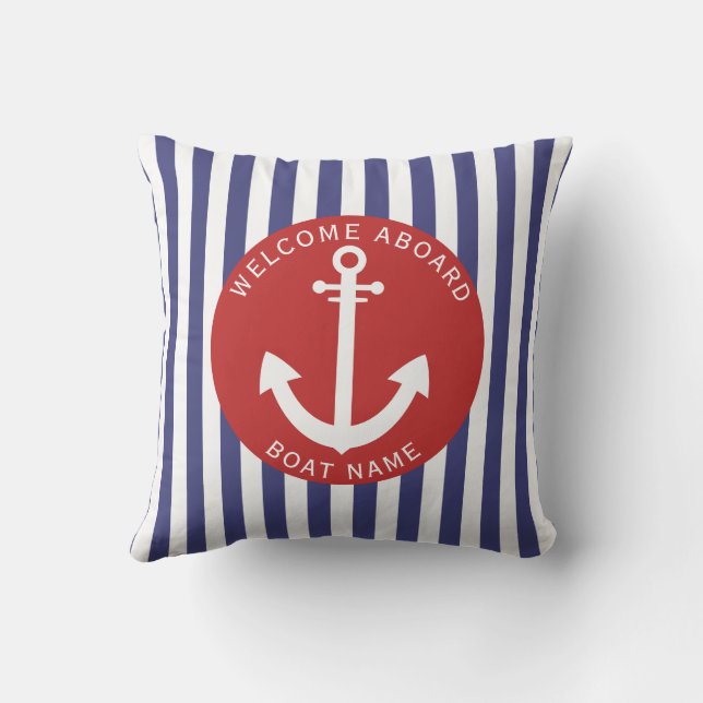 Red Navy Blue Stripes Boat Name Anchor Nautical  Outdoor Pillow (Back)