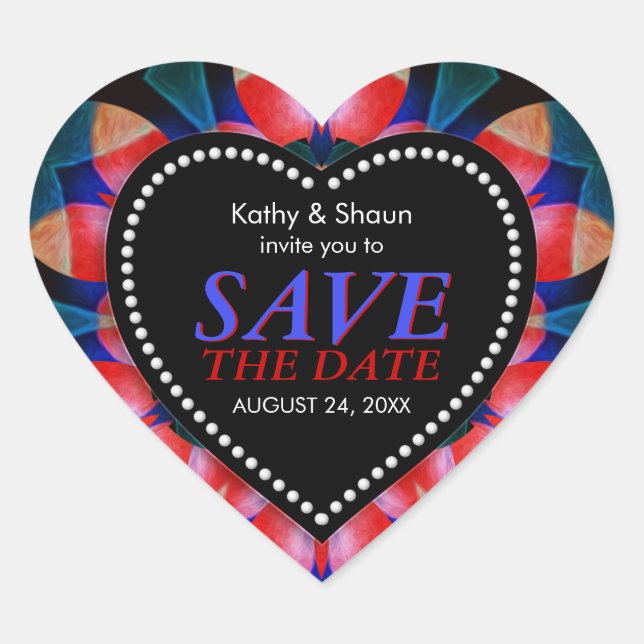 Red Navy Blue Tropical Save the Date Heart Sticker (Front)