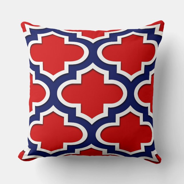 Red, Navy Blue, Wht Lg Moroccan Quatrefoil #3DS Throw Pillow (Front)