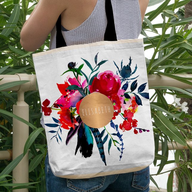 Red navy boho bouquet copper monogram trendy tote bag (Creator Uploaded)
