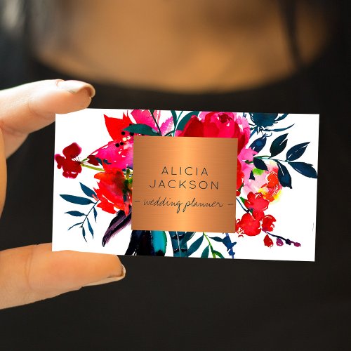 Red navy bouquet glam copper gold wedding planner business card