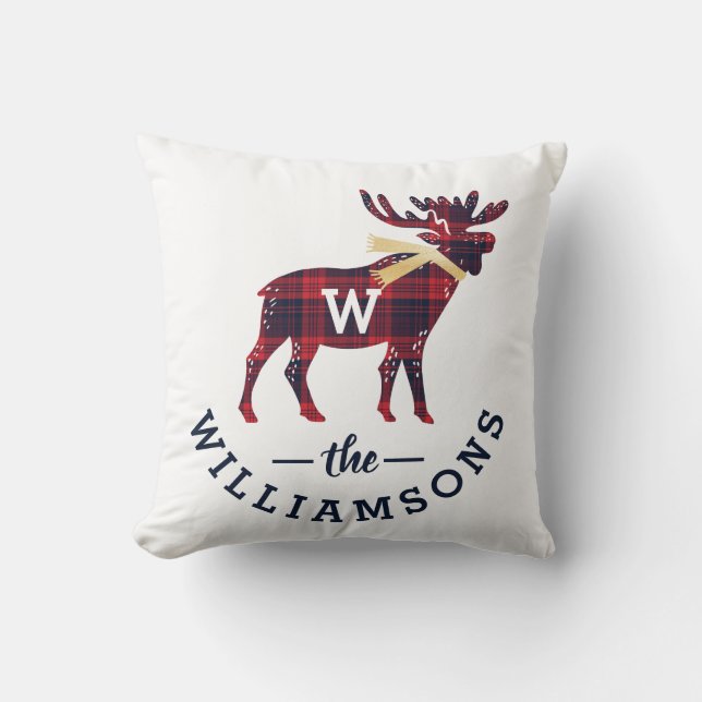 Red & Navy Buffalo Plaid Moose Monogram Christmas Throw Pillow (Front)