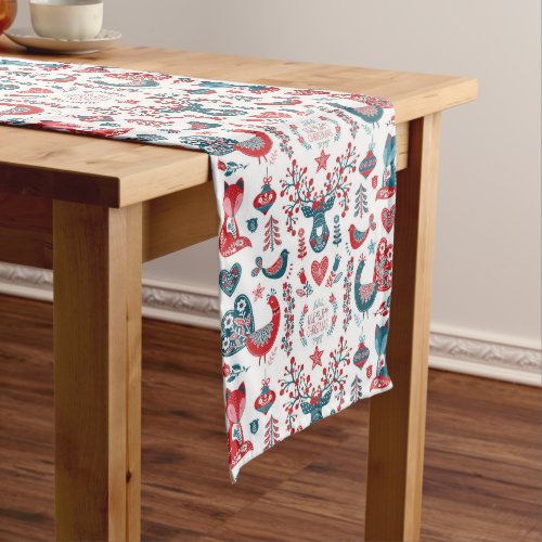 Red Navy Christmas Scandinavian Folk Art Woodland Long Table Runner