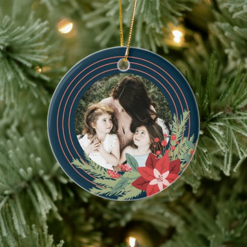 Red Navy Circle Christmas Photo Poinsettia Floral Ceramic Ornament