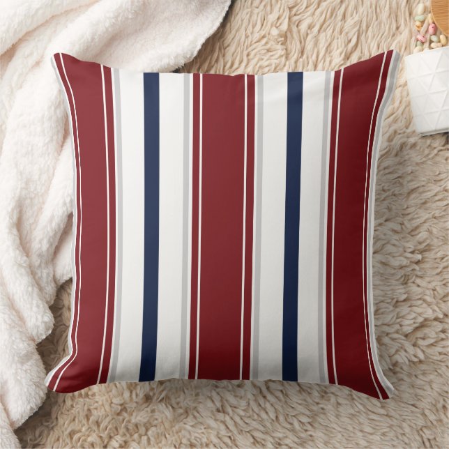 Red Navy Deep Gray White Vertical Stripes  | Throw Pillow (Blanket)