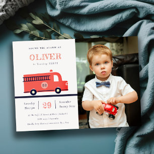 Red Navy Fire Truck Engine Photo Birthday Invite