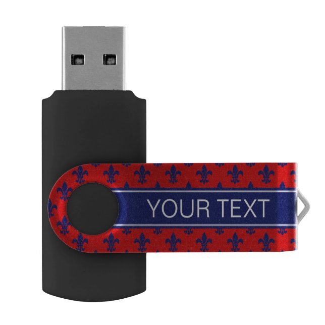 Red Navy Fleur de Lis Navy Name Monogram Flash Drive (Opened)