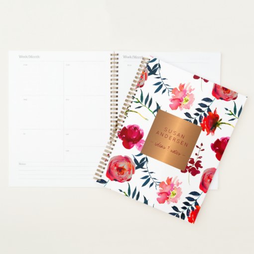 Red navy floral elegant rose gold copper metallic planner | Zazzle