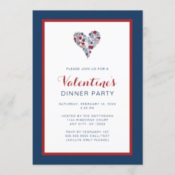 Red Navy Floral Heart Valentine's Day Dinner Party Invitation by lemontreeweddings at Zazzle