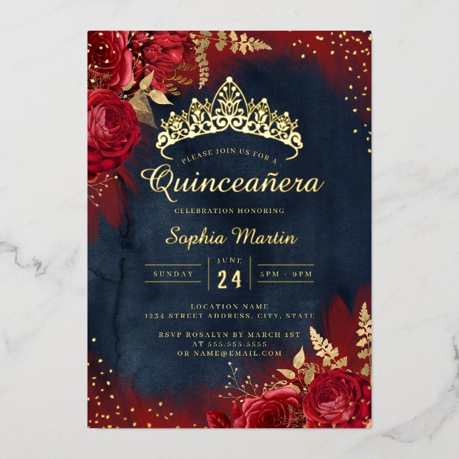 Red Navy Floral Quinceanera  Foil Invitation (Front)