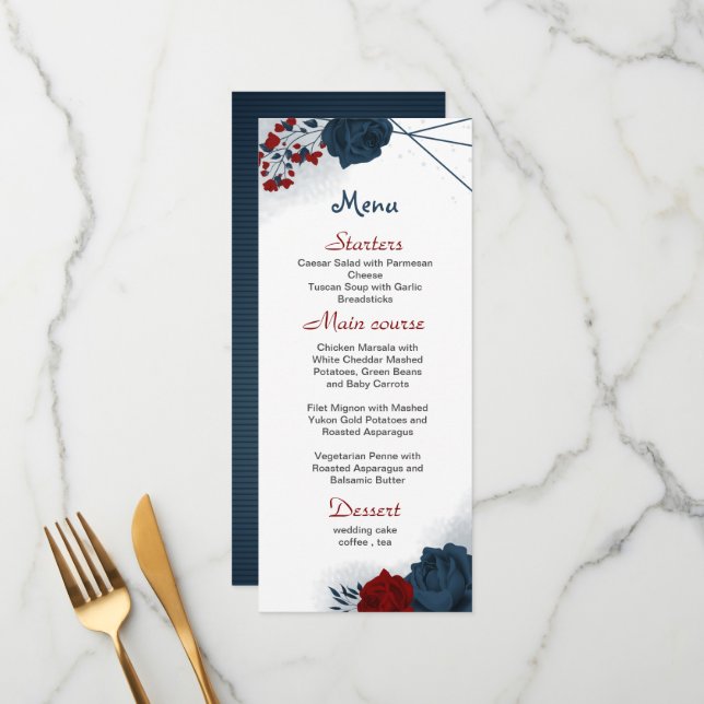 red & navy flowers beautiful wedding menu (Front/Back In Situ)