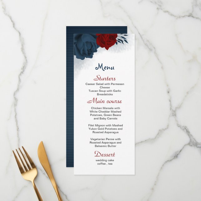red & navy flowers beautiful wedding menu (Front/Back In Situ)