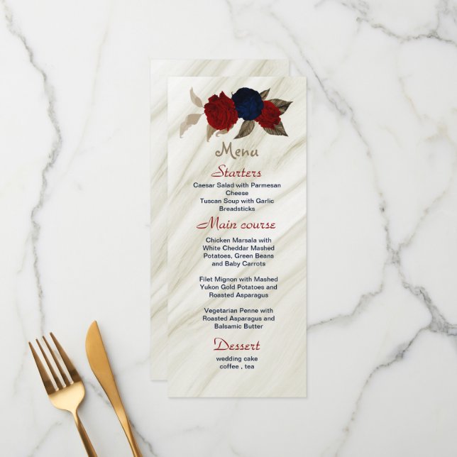 red & navy flowers beautiful wedding menu (Front/Back In Situ)