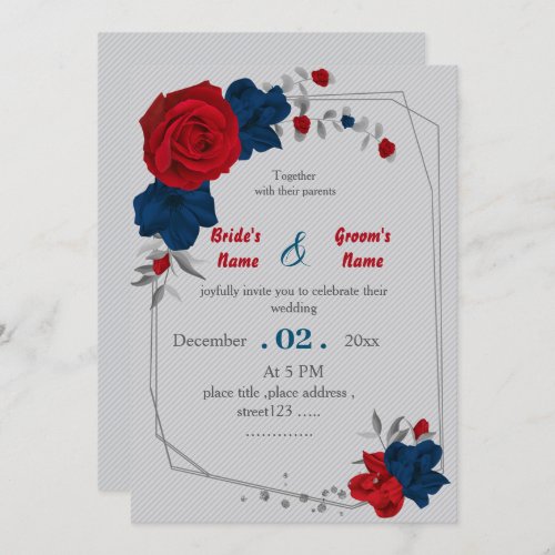 red  navy flowers geometric wedding invitation