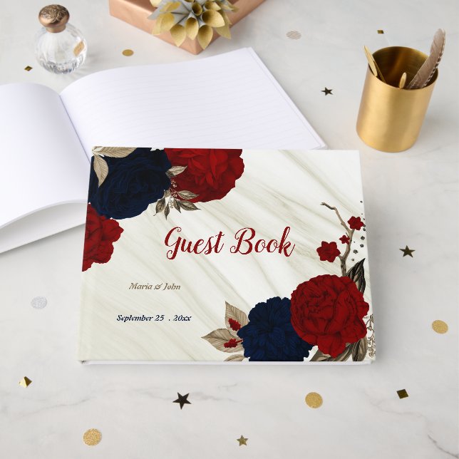 red & navy flowers gray botanical marble  guest book (Front Open)