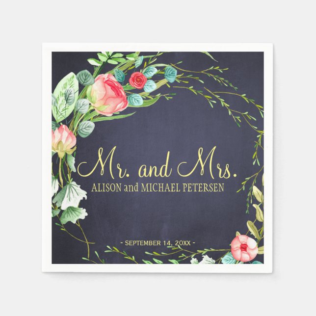 Red navy garden roses mr and mrs wedding napkins (Front)