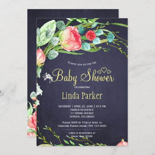 Red navy garden roses wreath elegant baby shower invitation