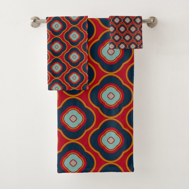 Red Navy Gold Retro Geometric Bold Pattern Bath Towel Set (Insitu)