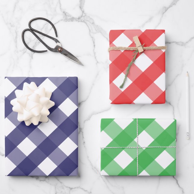 Red Navy Green Big Gingham Gift Wrap Sheets (Front)