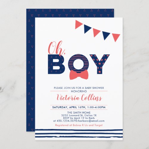 Red  Navy  Modern Typography Boy Baby Shower Invitation