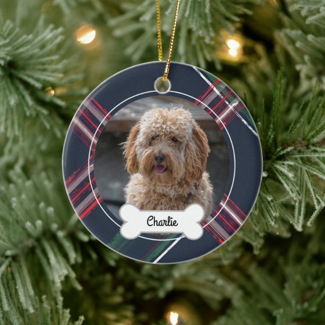 Red Navy Plaid Custom Pet Puppy Dog Photo Ceramic Ornament (Tree)