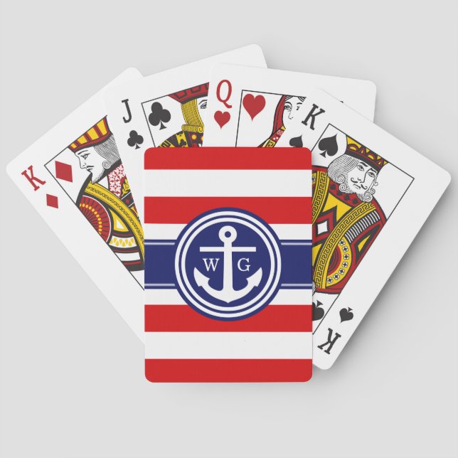 Red Navy Preppy Stripe Anchor Monogram Poker Cards (Back)