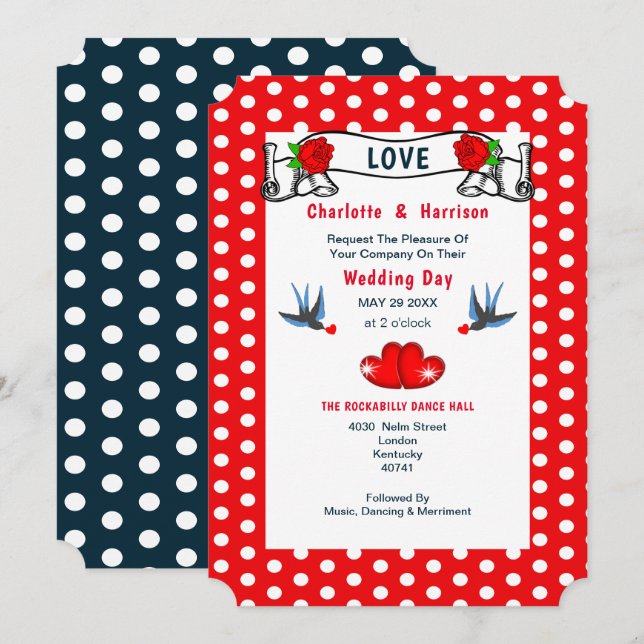 Red Navy Rockabilly Polka Dot Wedding Invitation (Front/Back)