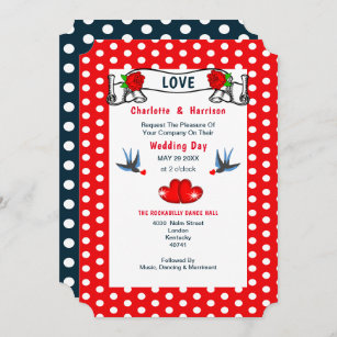 Red Navy Rockabilly Polka Dot Wedding Invitation