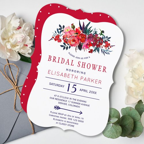 Red navy rustic bohemian floral bridal shower invitation