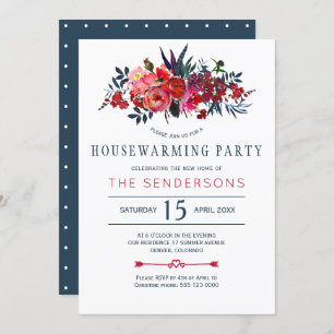Red navy rustic boho floral housewarming party invitation