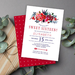 Red navy rustic floral bohemian sweet 16 invite