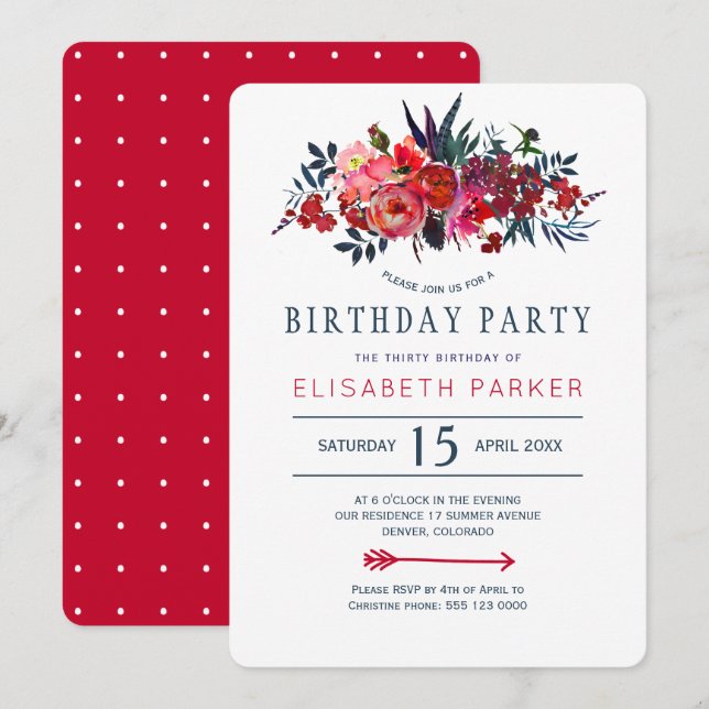 Red navy rustic floral bohemian thirty birthday invitation (Front/Back)