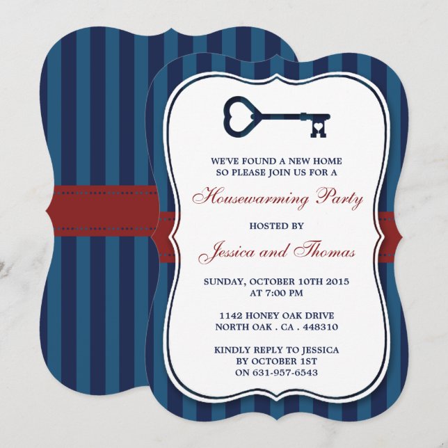 Red & Navy Stripe Heart Key New Home Housewarming Invitation (Front/Back)