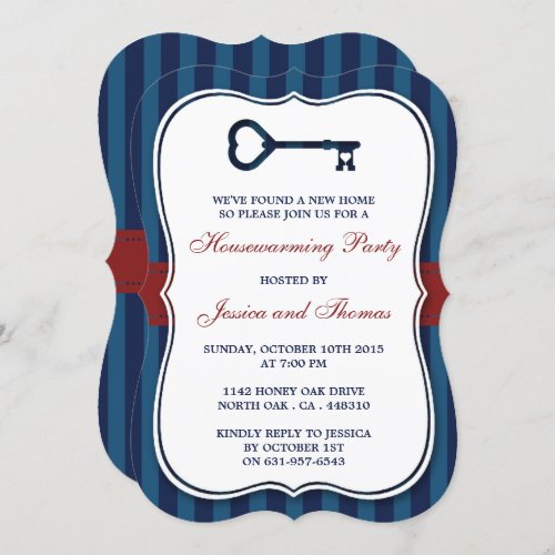 Red  Navy Stripe Heart Key New Home Housewarming Invitation