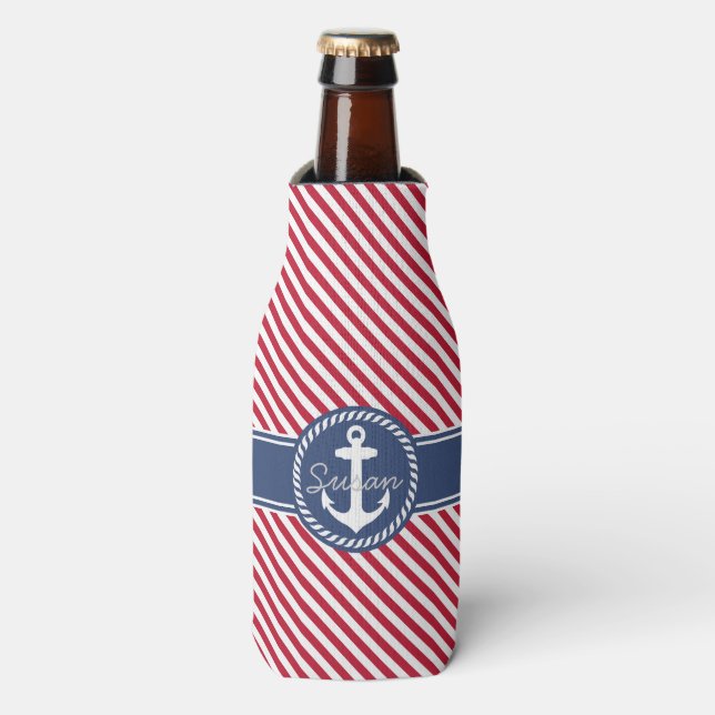 Red & Navy Stripes Nautical Anchor Monogram Bottle Cooler (Bottle Front)