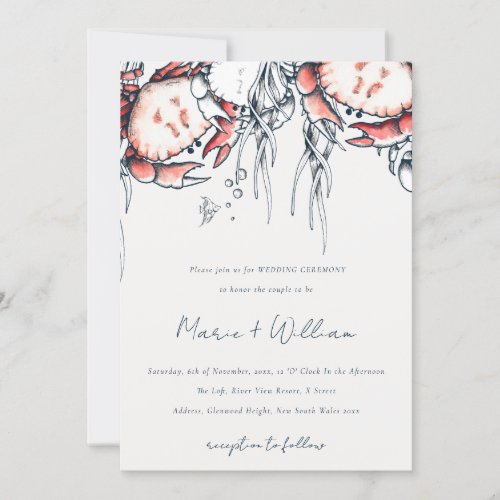 Red Navy Underwater Crab Coral Nautical Wedding Invitation