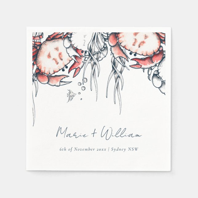 Red Navy Underwater Crab Coral Nautical Wedding Napkins (Front)