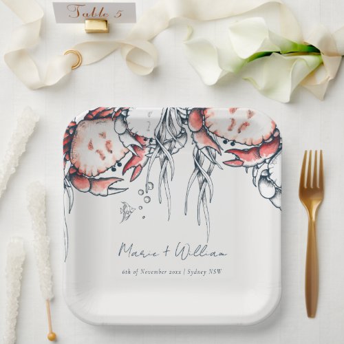 Red Navy Underwater Crab Coral Nautical Wedding Paper Plates